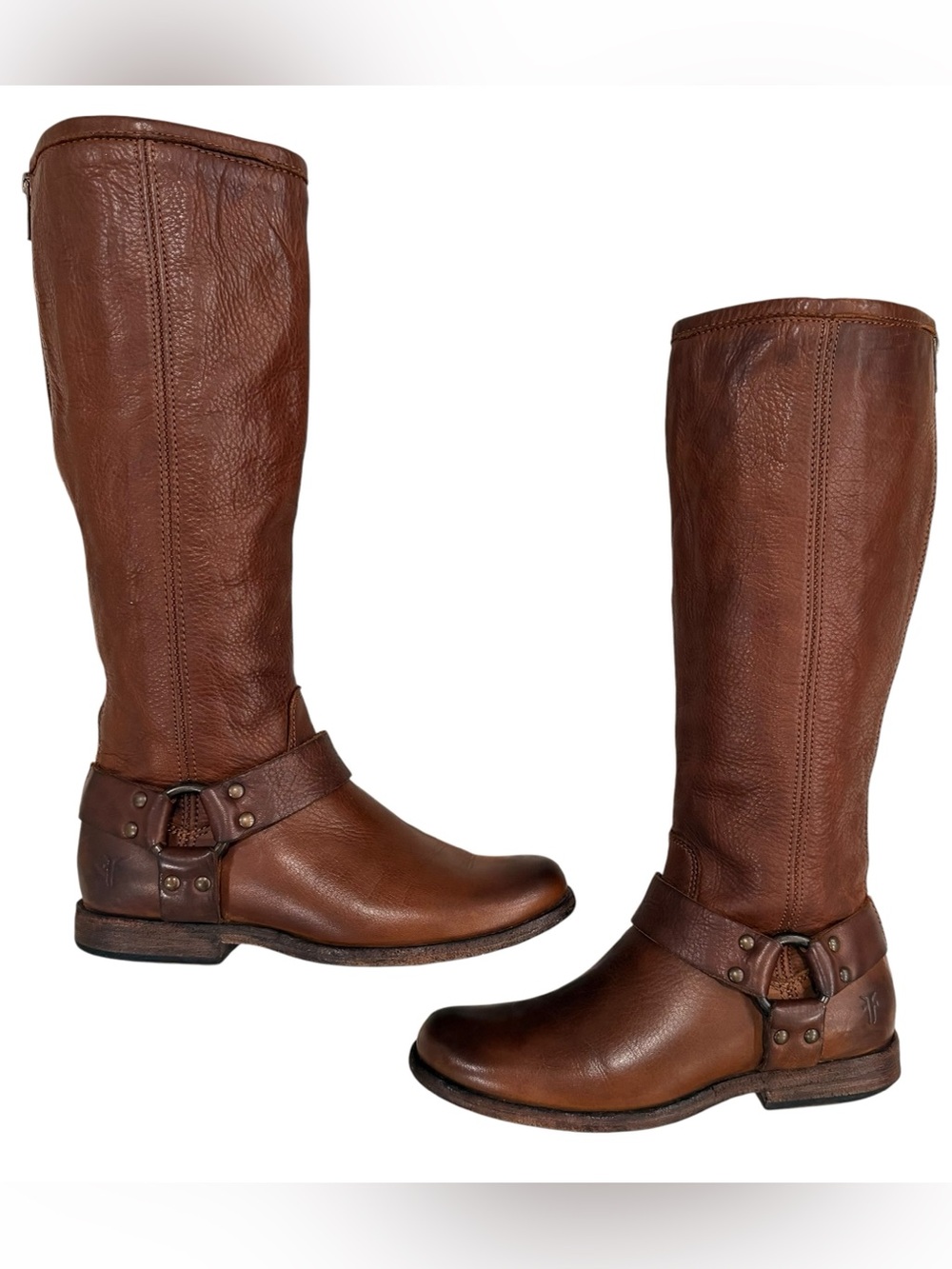 FRYE Phillip Harness Tall Leather Riding Boots Cognac Brown 5.5B Extended Calf